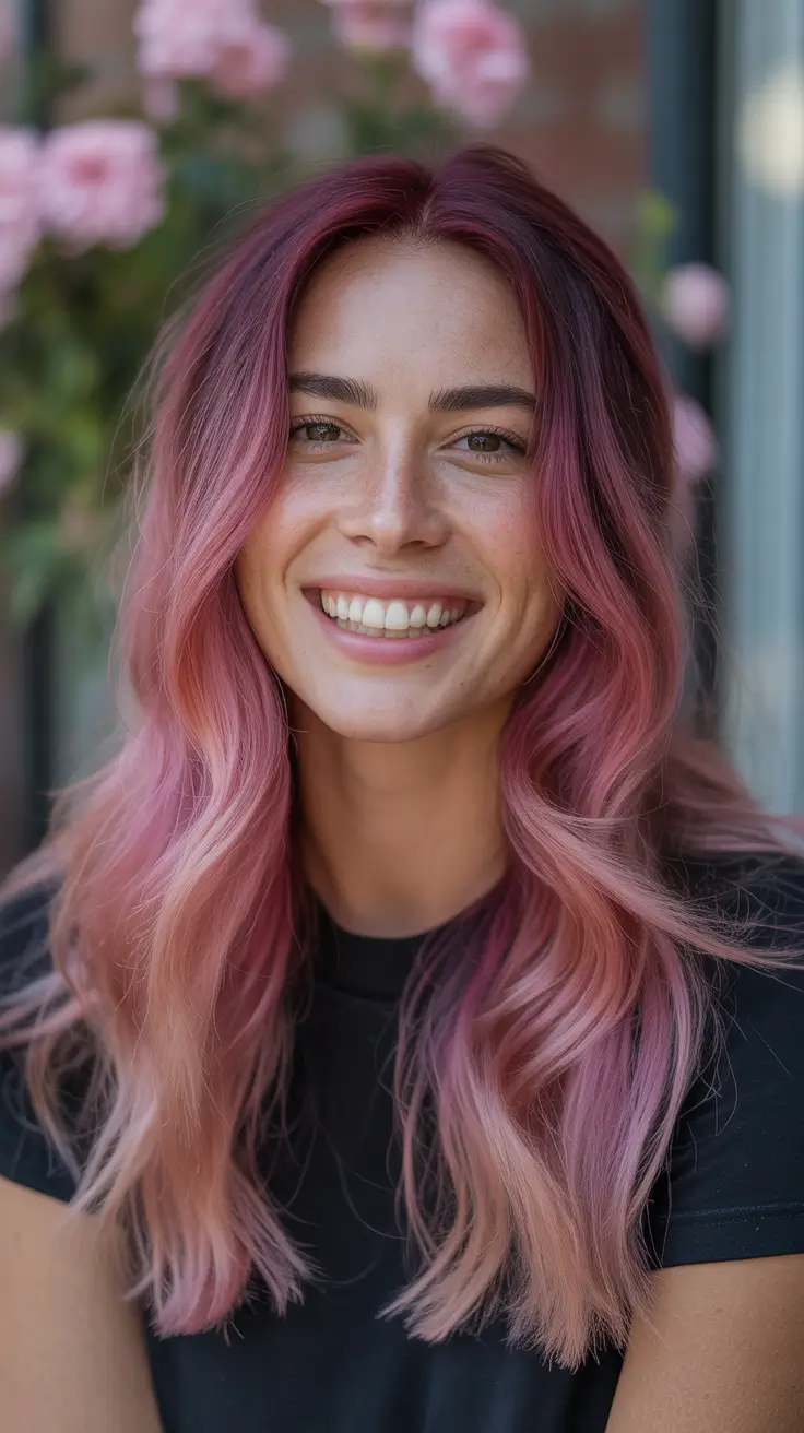 summer hair color ideas 2026 Muted Rose Berry Waves With Dimensional Roots