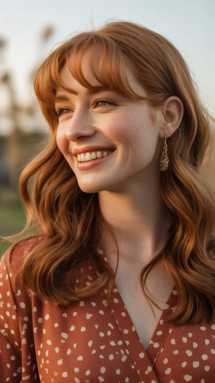 summer hair color ideas 2026 Soft Copper Glow With Natural Fringe