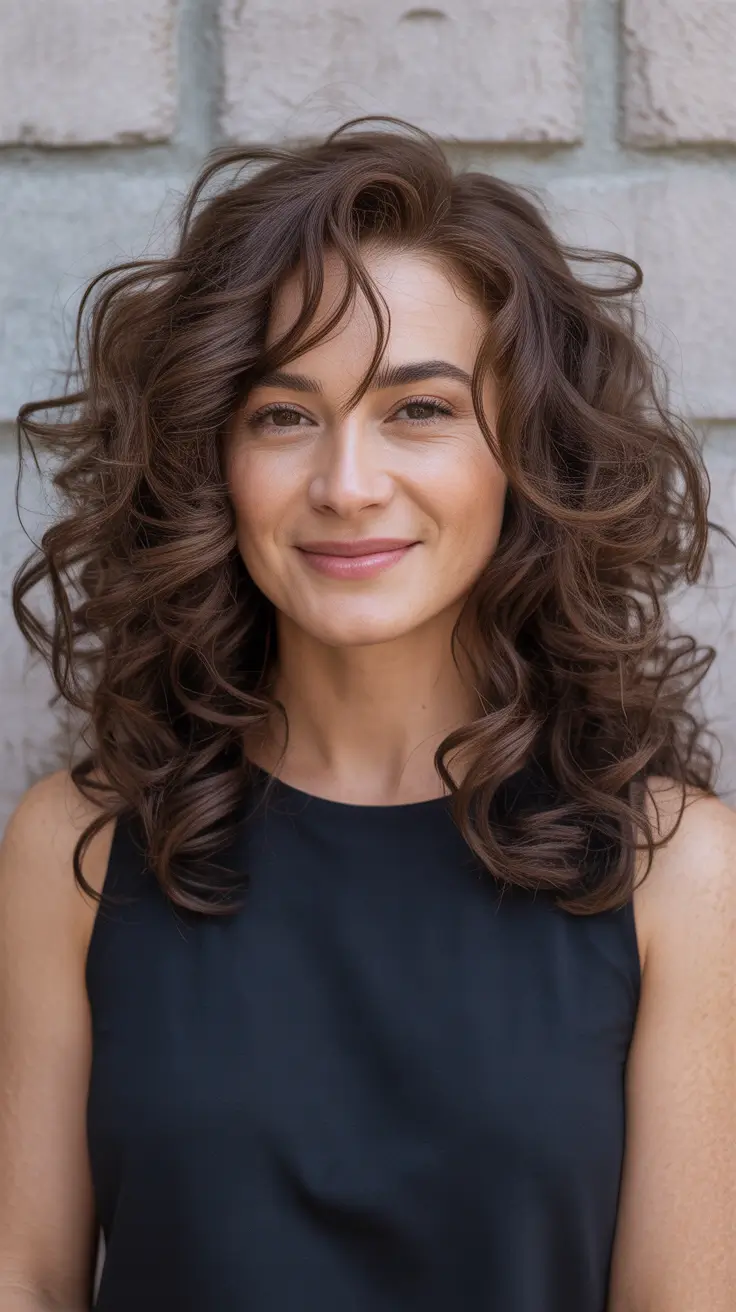 summer hair color ideas 2026 Voluminous Brunette Curls With Glossy Depth