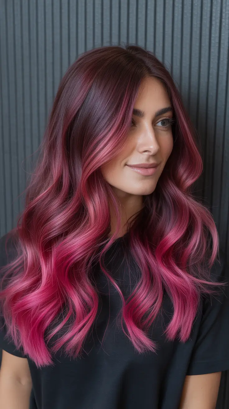 best summer hair color ideas for brunettes 2026 Vibrant Berry Pink Waves With Dark Roots