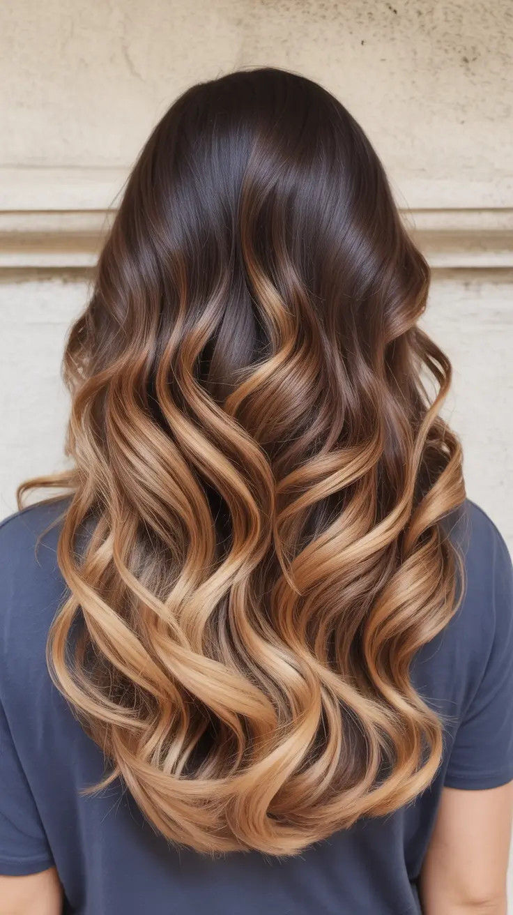 best summer hair color ideas for brunettes 2026 Golden Honey Balayage On Long Flowing Brunette