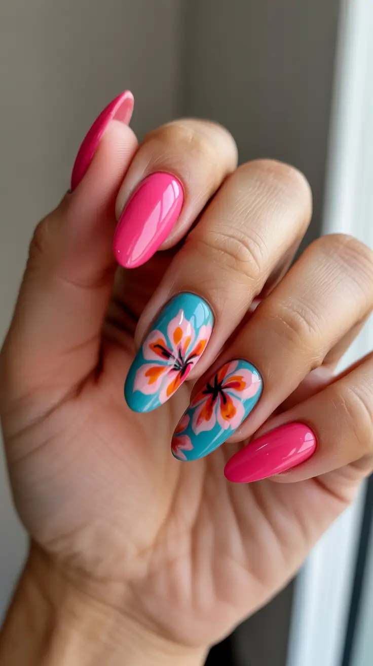 bright spring nails 2026 Tropical Pink And Blue Floral Almond Nails