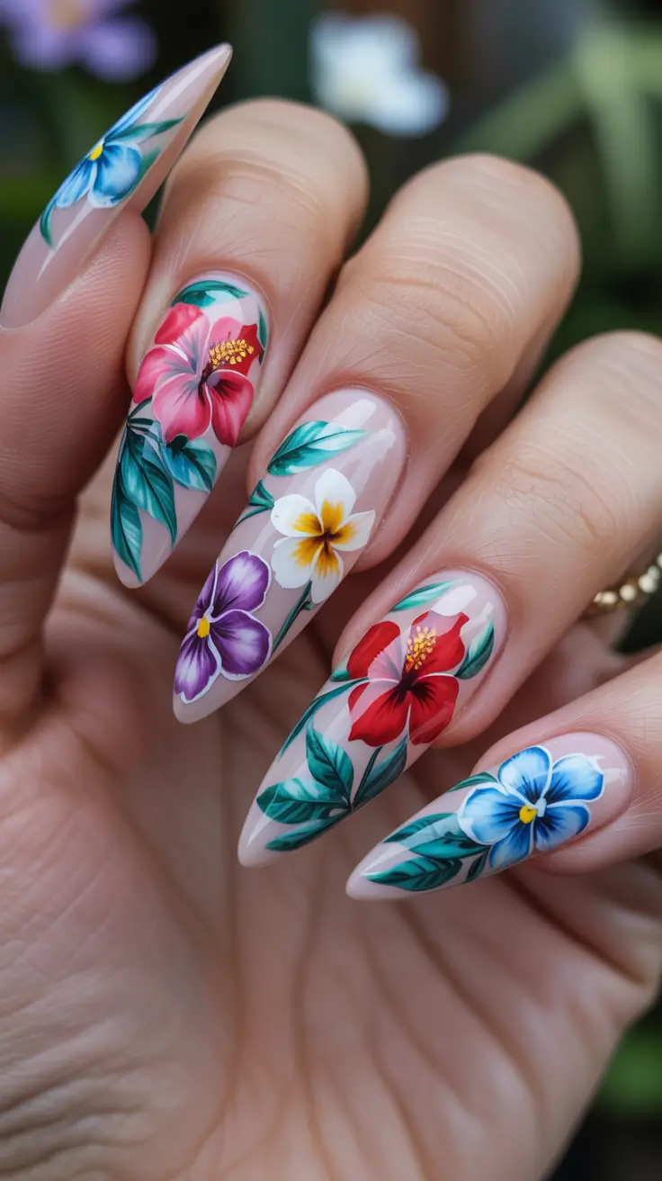 bright spring nails 2026 Botanical Garden Almond Nail Art