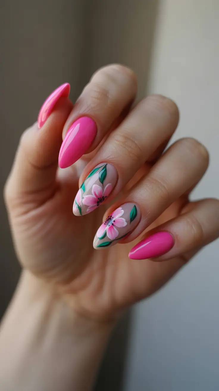 bright spring nails 2026 Hot Pink Floral Almond Spring Nails