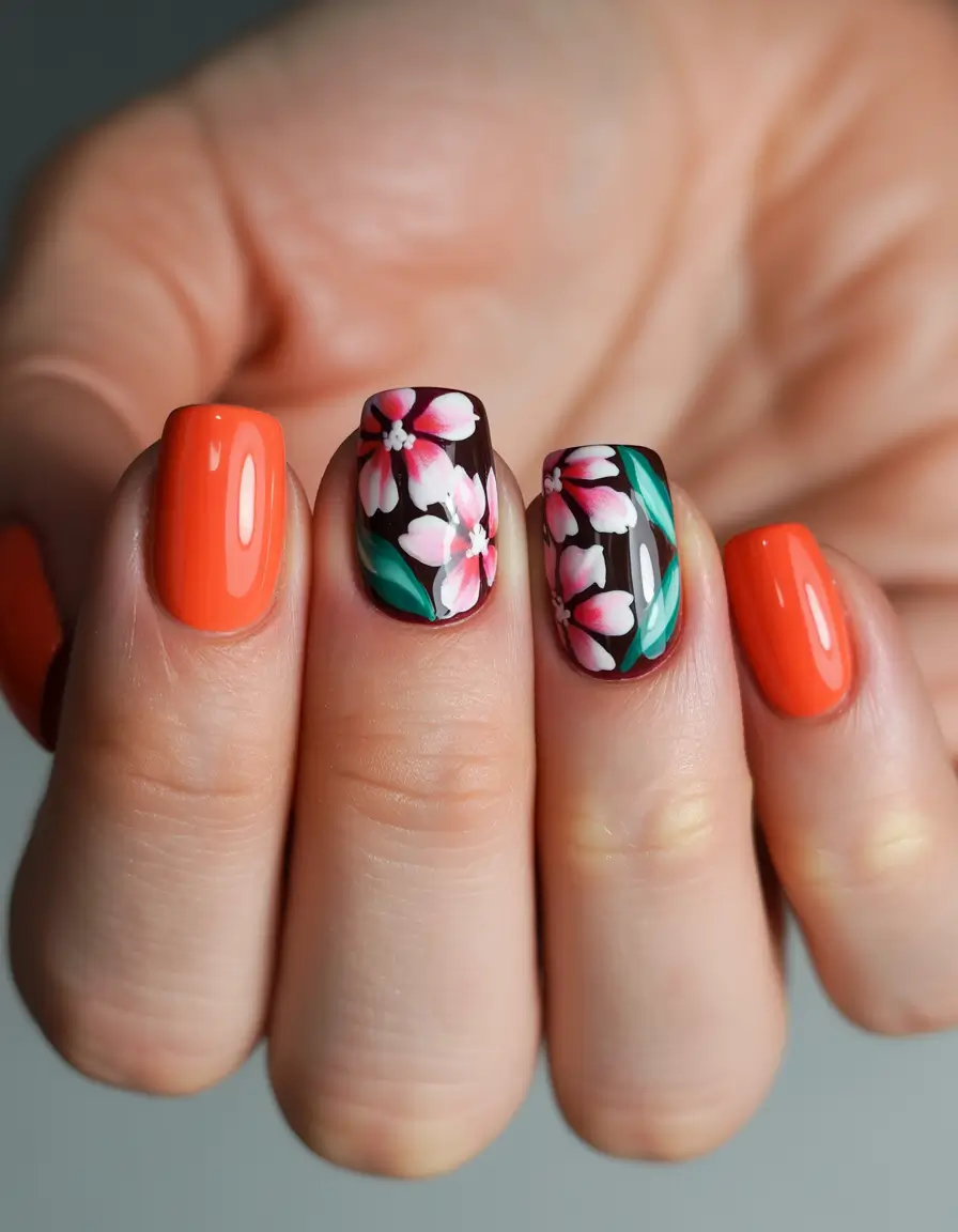 bright spring nails 2026 Neon Coral Floral Square Nails