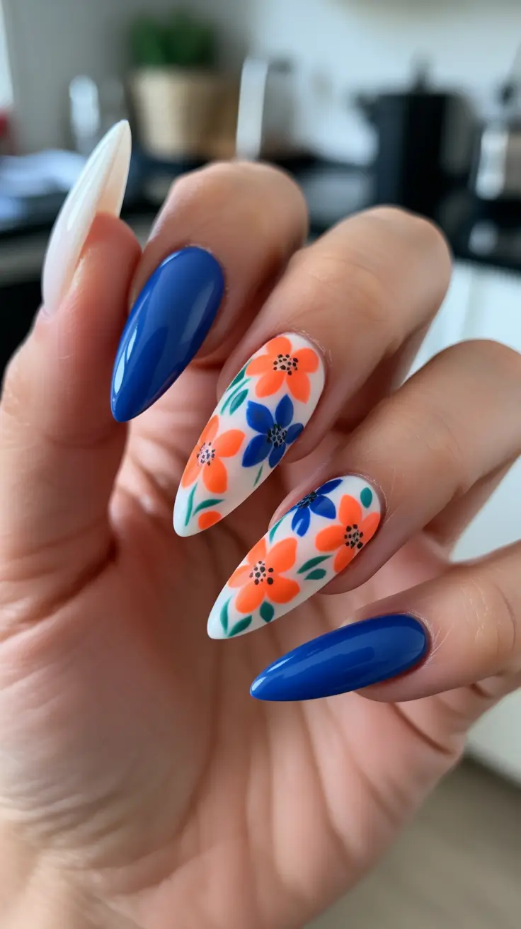 bright spring nails 2026 Blue And Orange Floral Almond Nails