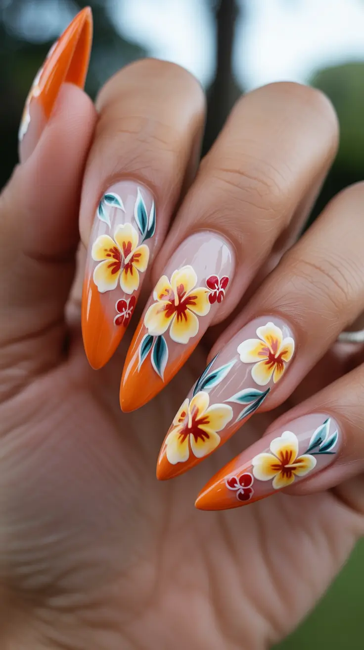 bright spring nails 2026 Sunset Orange Floral Almond Nails