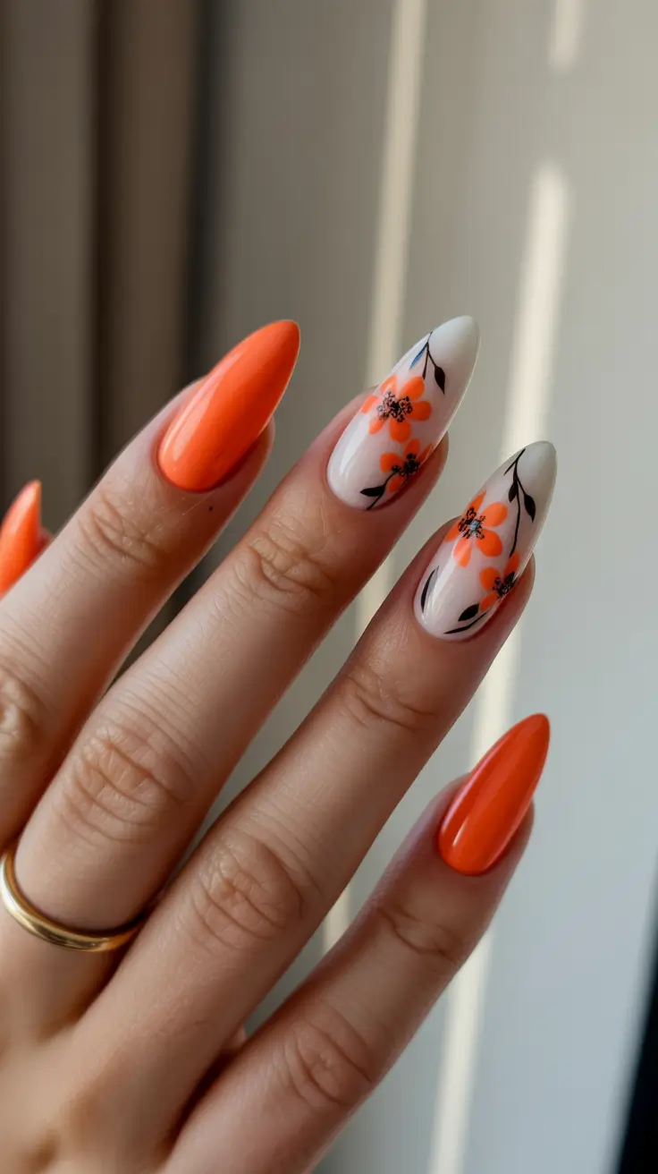 bright spring nails 2026 Minimalist Orange Floral Almond Nails