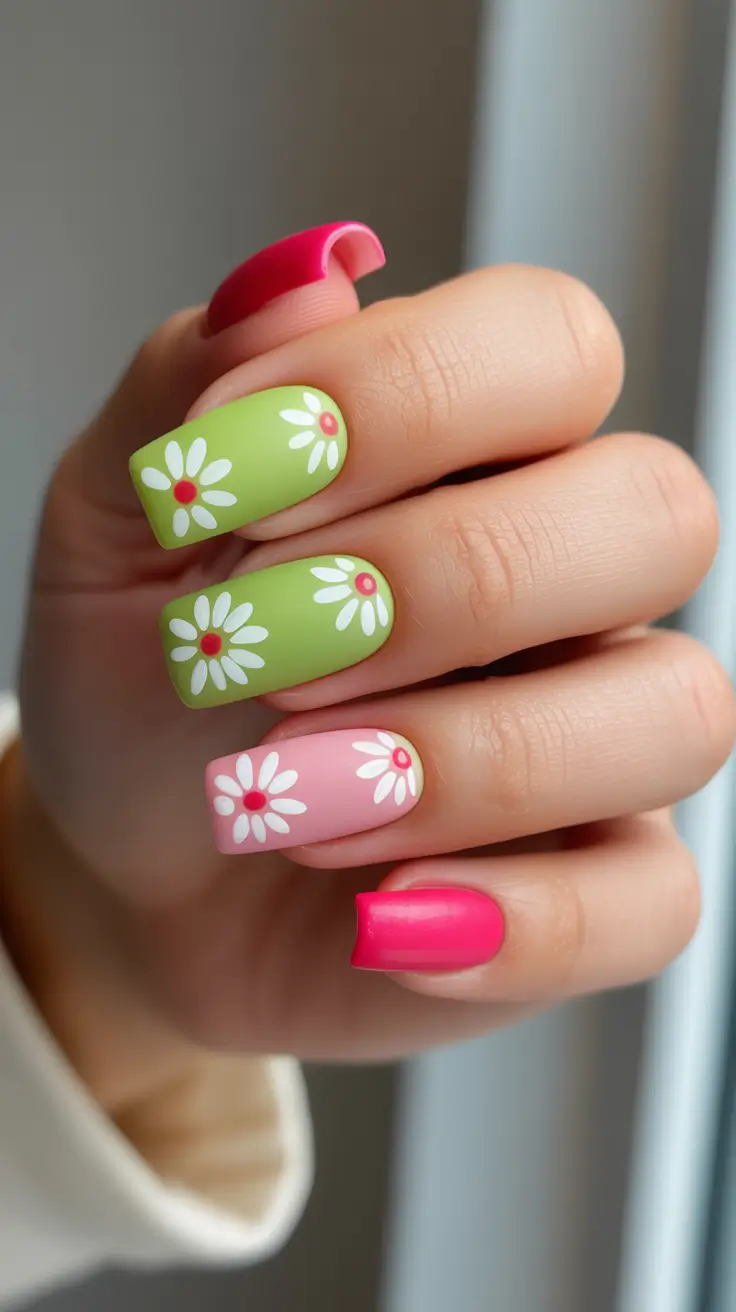 bright spring nails 2026 Fresh Daisy Pop On Bright Square Spring Nails