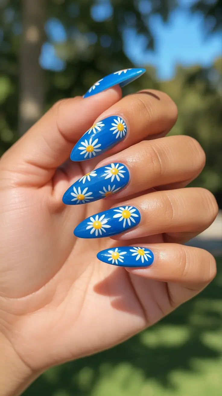 bright spring nails 2026 Blue Daisy Almond Nails For A Sunny Spring Mood