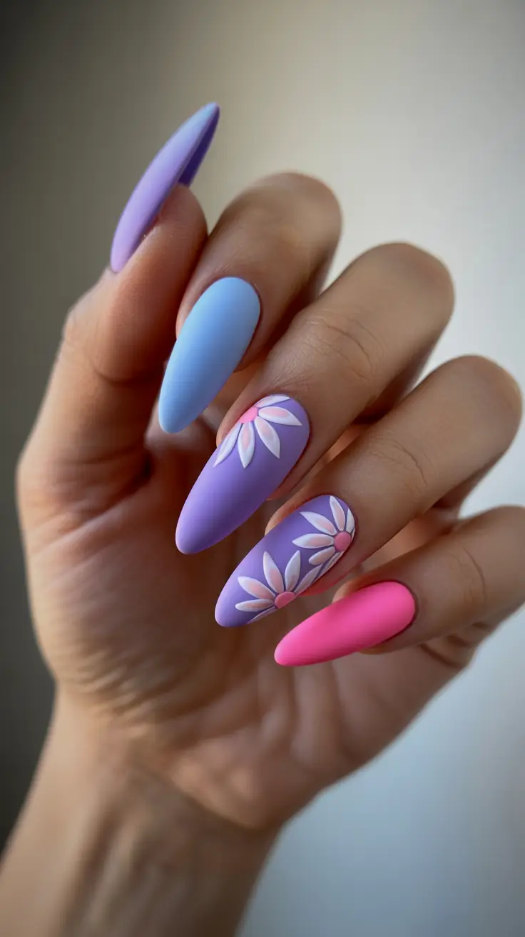bright spring nails 2026 Soft Pastel Garden Almond Nails With Floral Accents
