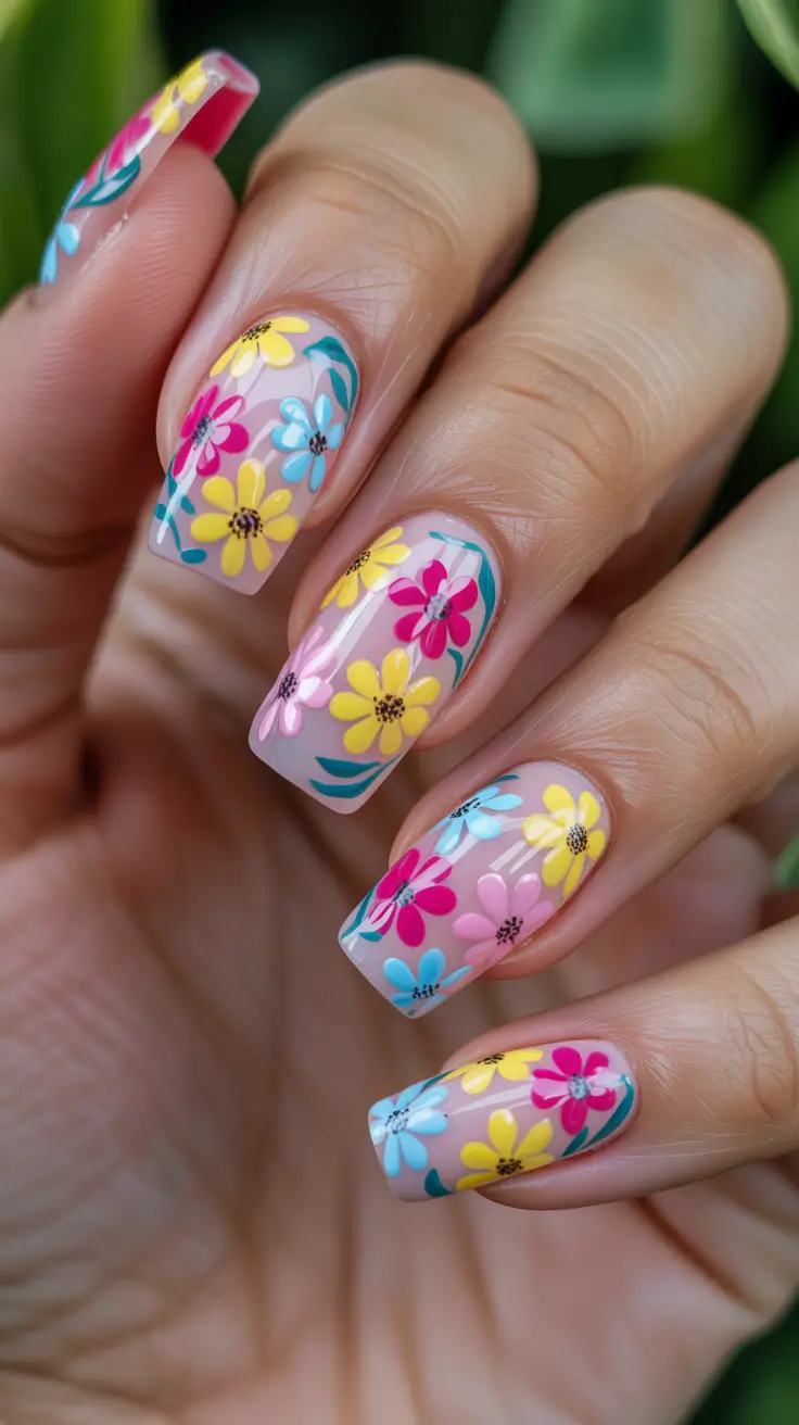 bright spring nails 2026 Playful Daisy Garden Square Nails