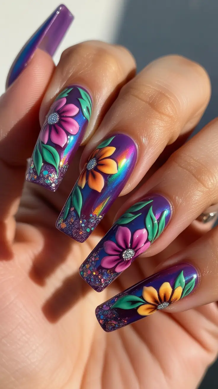 bright spring nails 2026 Holographic Floral Square Nails With Neon Energy