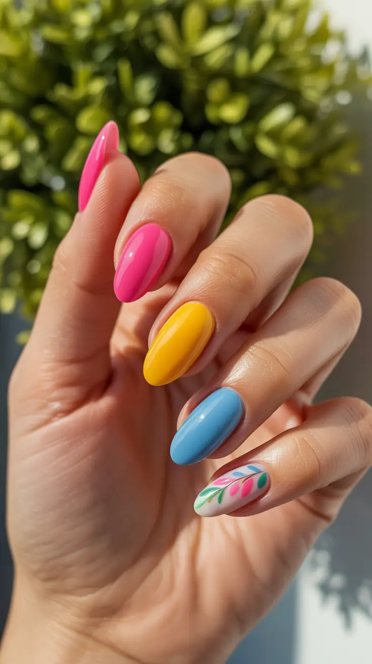 bright spring nails 2026 Colorful Almond Spring Nails With Playful Floral Art