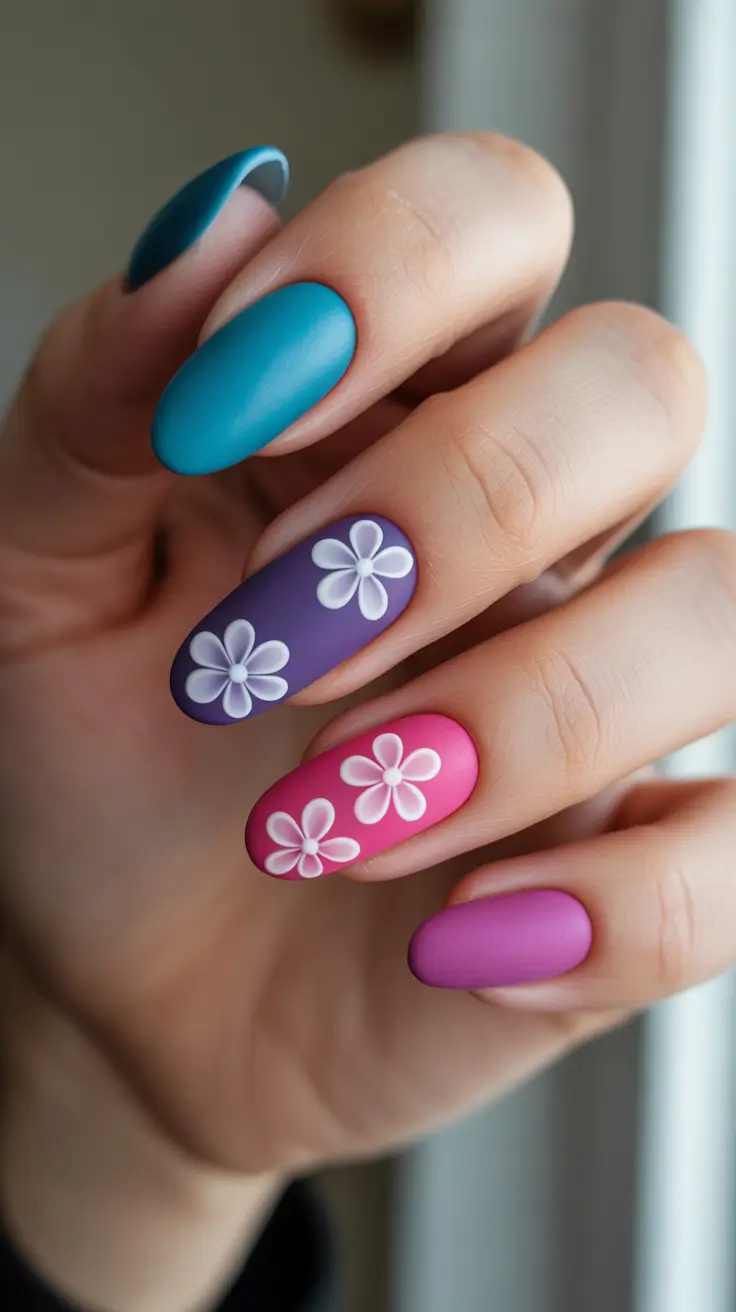 bright spring nails 2026 Matte Color Pop Daisy Almond Nails