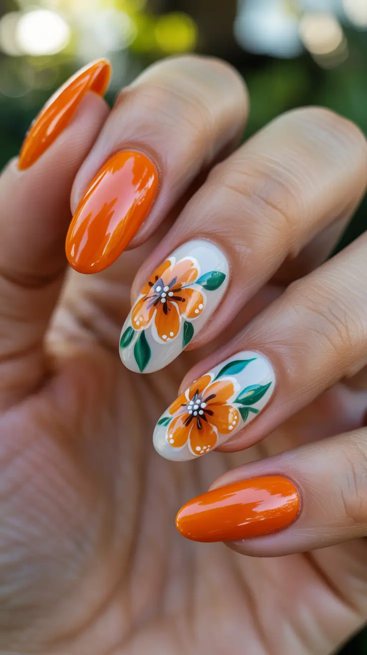bright spring nails 2026 Orange Floral Glow On Almond Nails