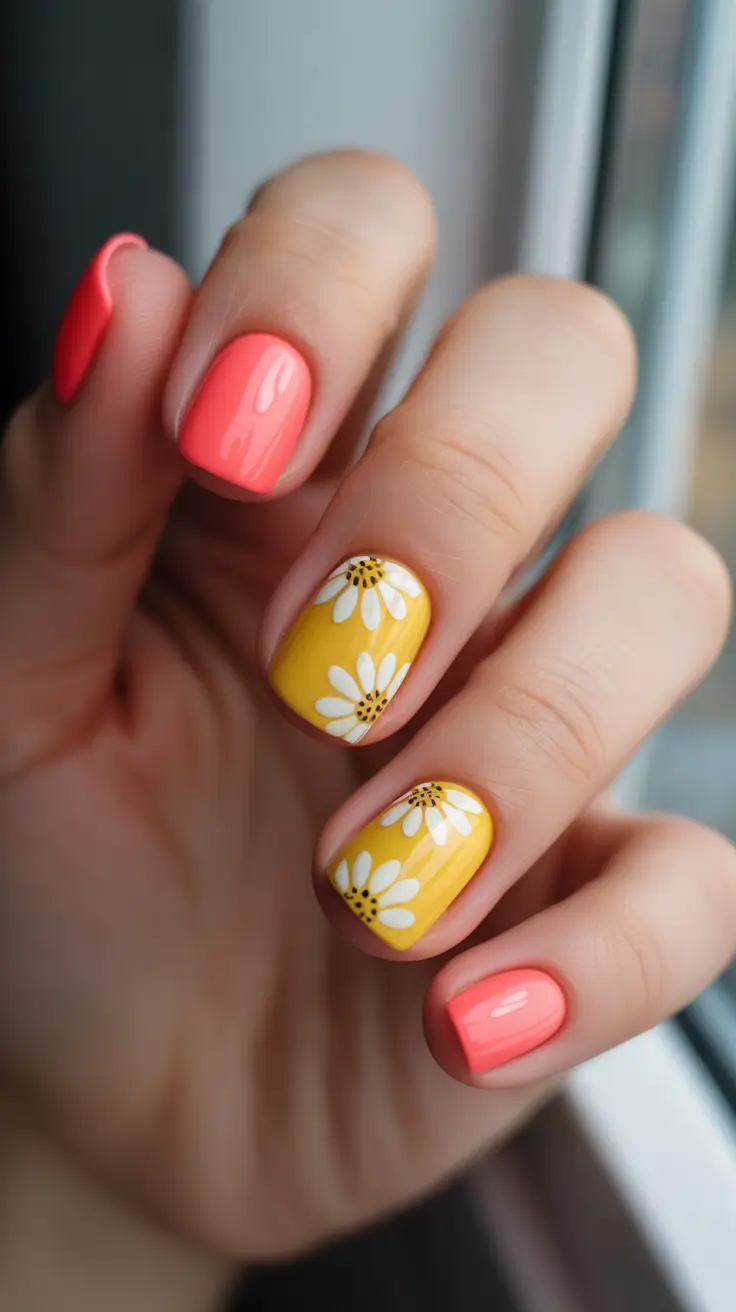 bright spring nails 2026 Coral And Daisy Short Spring Nails