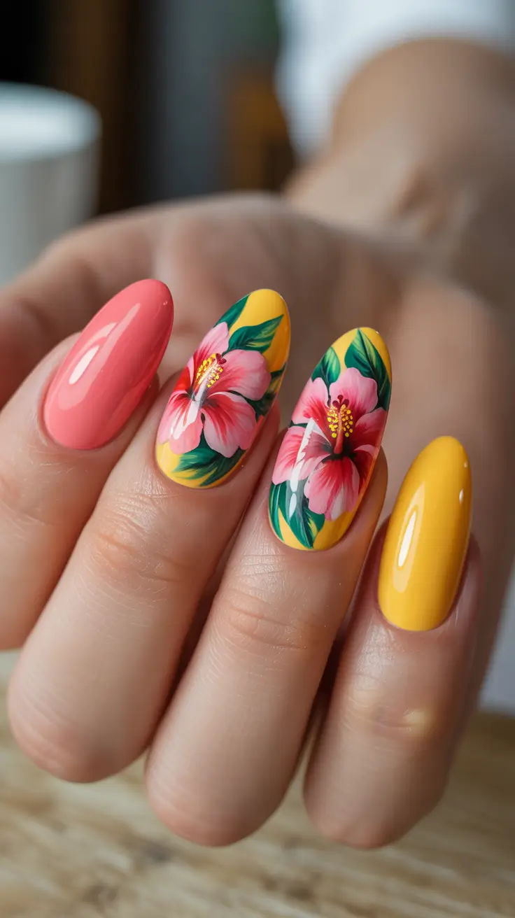 bright spring nails 2026 Tropical Hibiscus Pop Nails