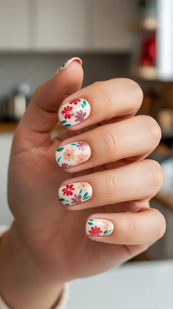classy spring nails 2026 Playful Retro Floral Pattern On Short Nails