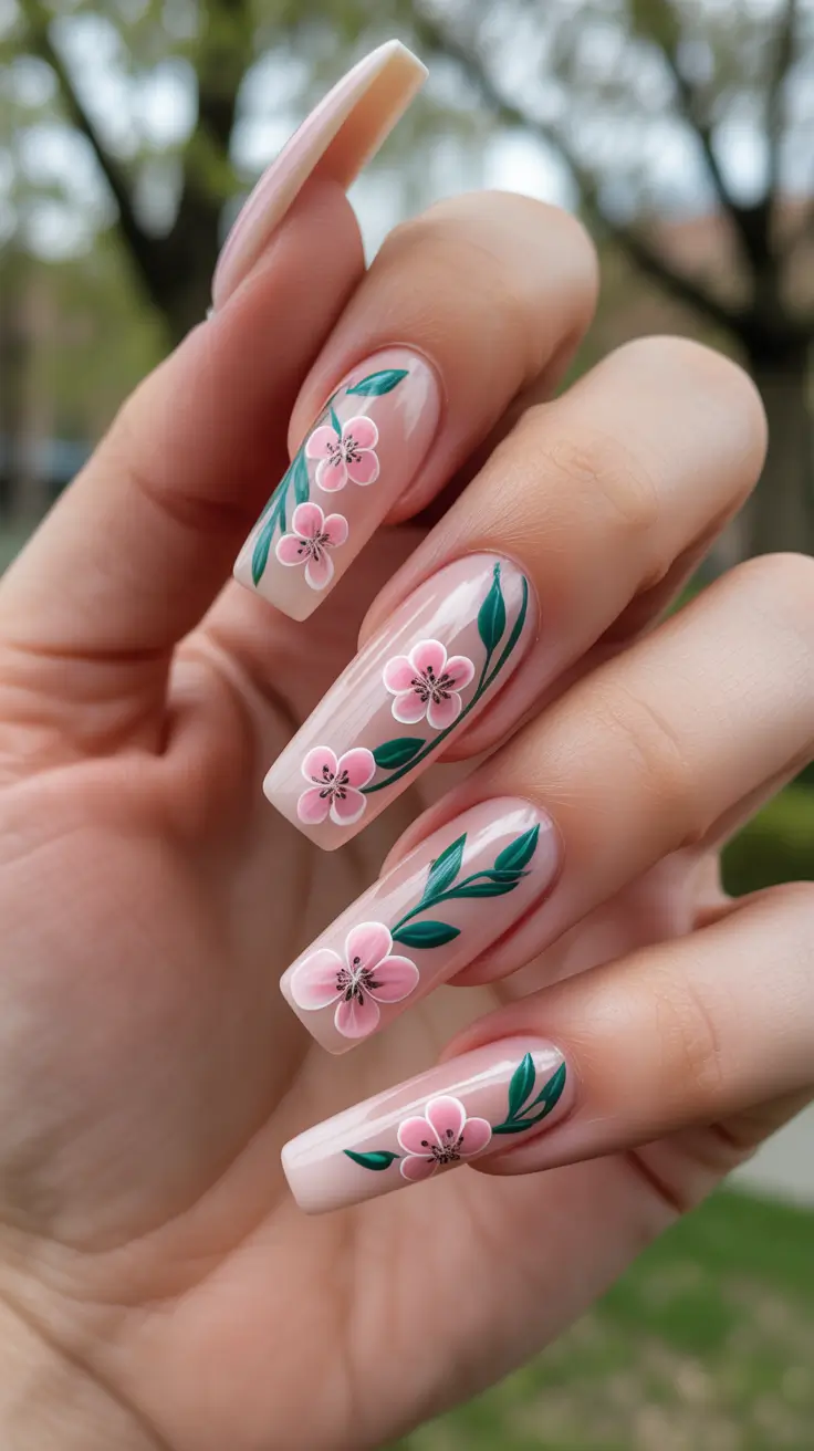 classy spring nails 2026 Soft Pink Blossom Coffin Nails With Elegant Botanical Details