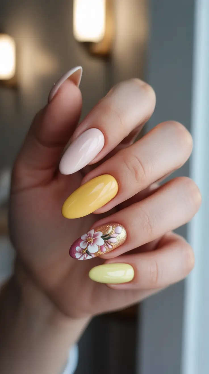 classy spring nails 2026 Sunny Pastel Almond Nails With Floral Accent Art