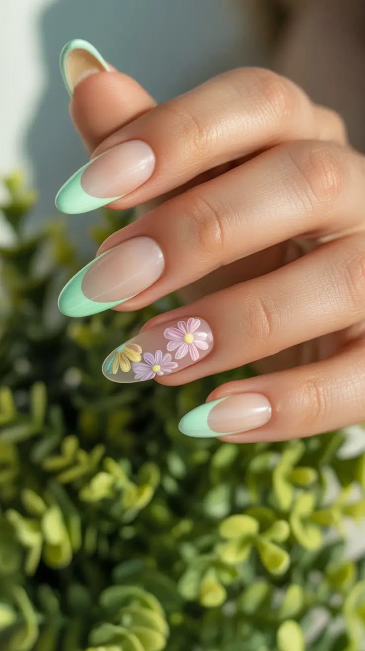 classy spring nails 2026 Mint Almond French Tips With Soft Floral Accent