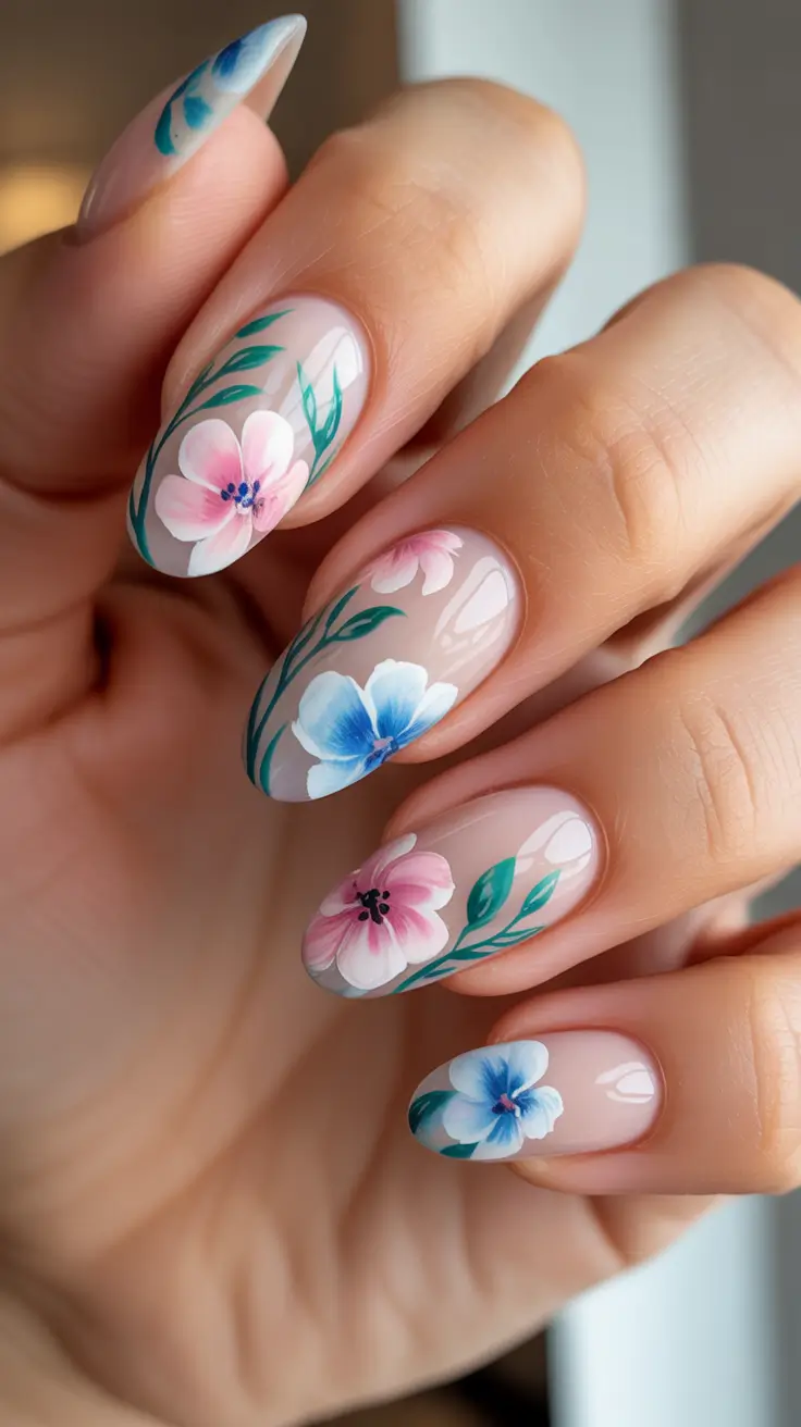 classy spring nails 2026 Romantic Garden Almond Nails With Soft Pink And Blue Florals
