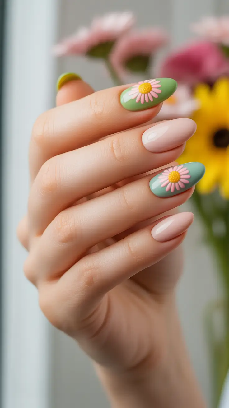 classy spring nails 2026 Daisy Accent Almond Nails With Fresh Spring Greens
