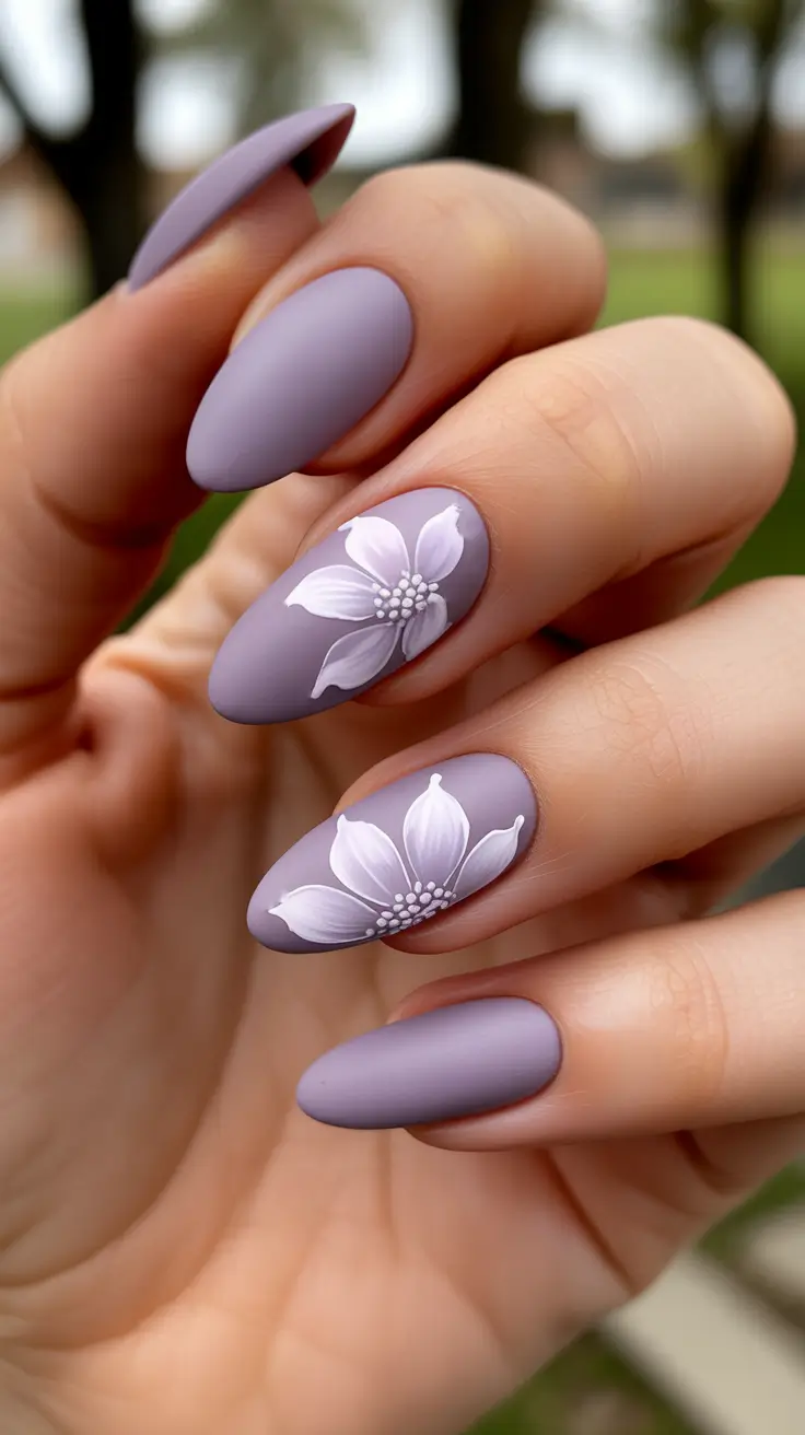 classy spring nails 2026 Matte Lavender Almond Nails With Minimal Floral Art