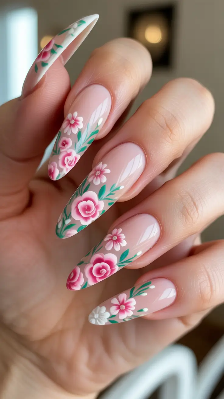 classy spring nails 2026 Romantic Pink Floral Almond Nails