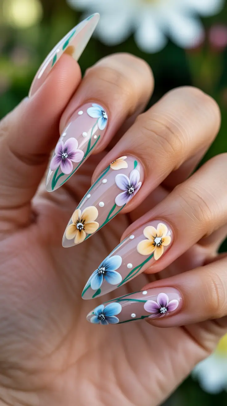 classy spring nails 2026 Romantic Pastel Garden On Elegant Almond Nails