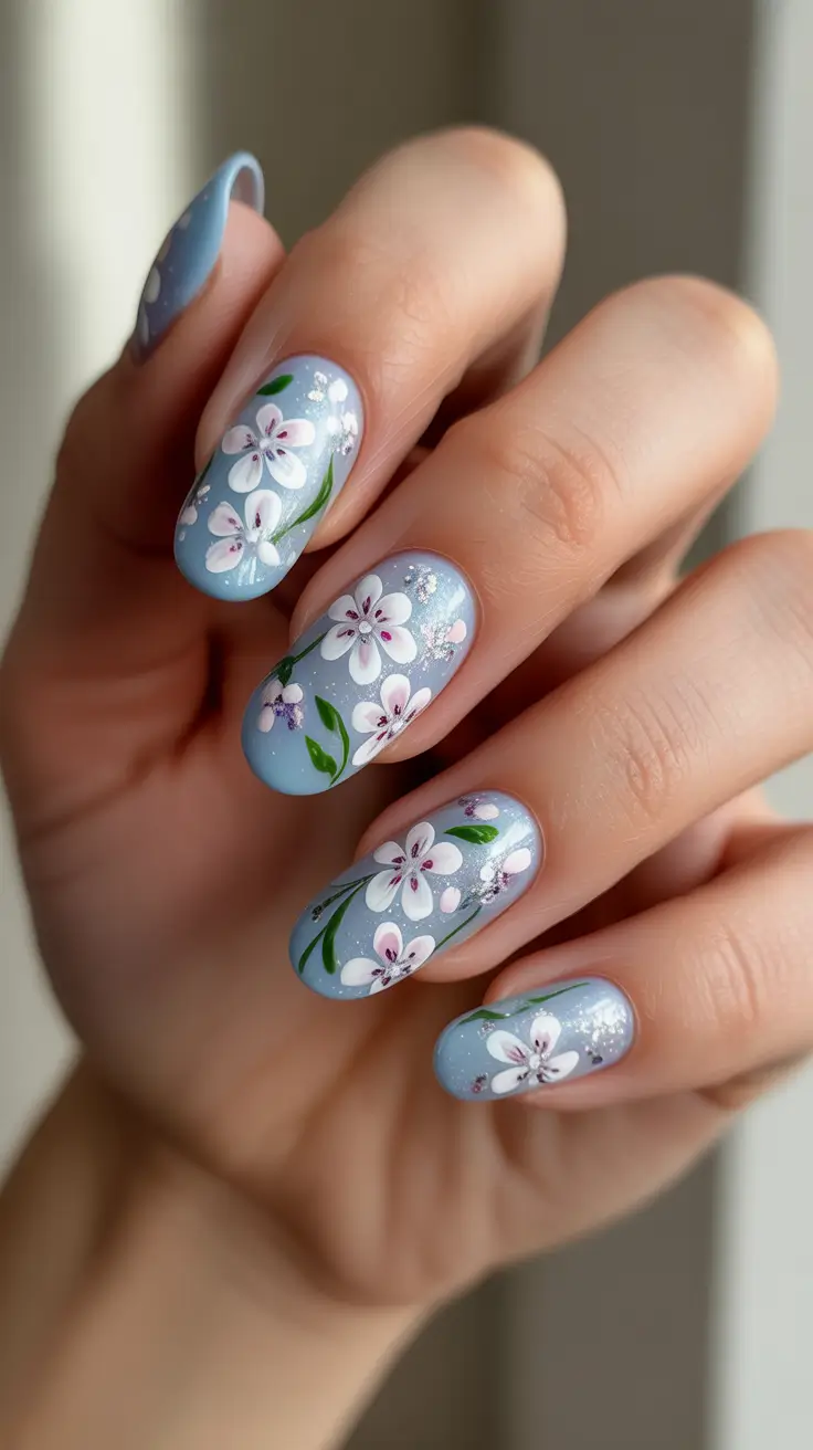 classy spring nails 2026 Sky Blue Floral Spring Nails