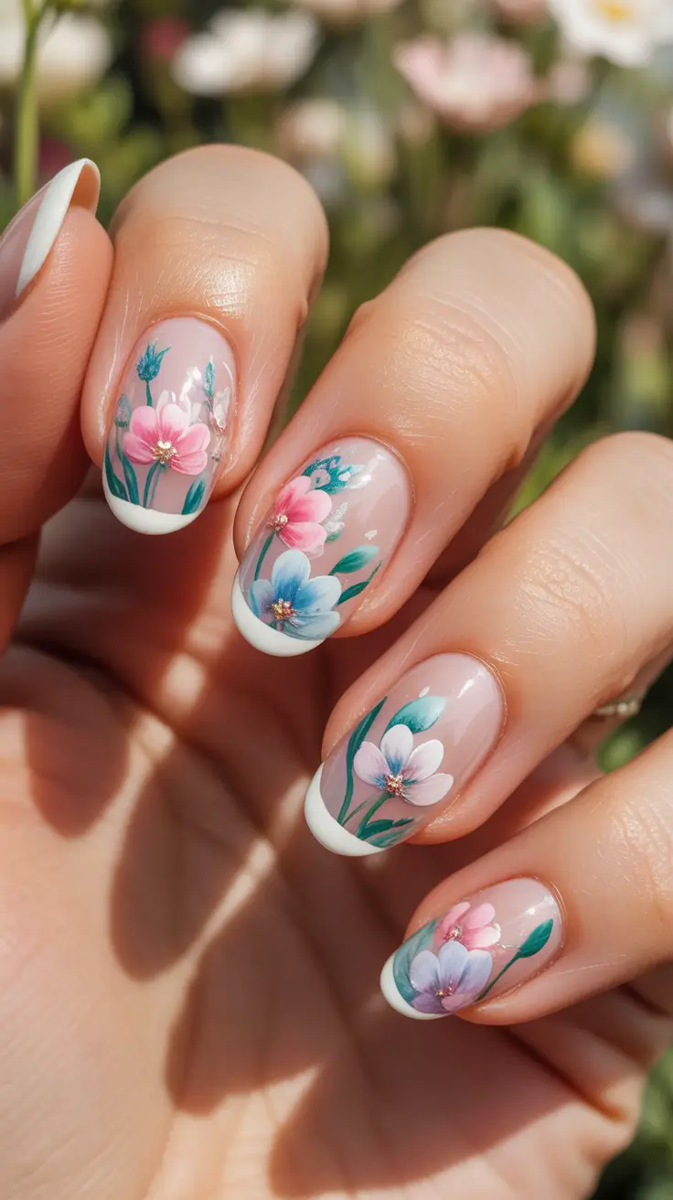 classy spring nails 2026 Delicate Floral Almond French Tips