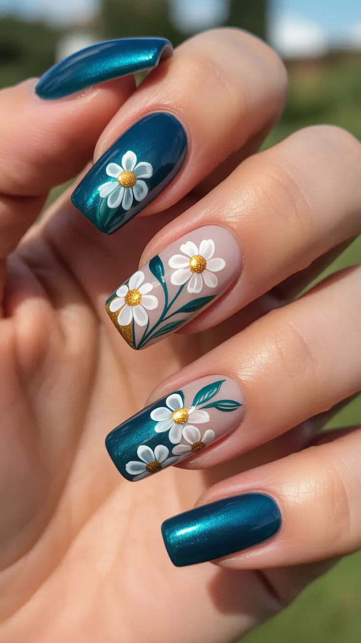 classy spring nails 2026 Deep Emerald Daisy Nails With A Square Silhouette