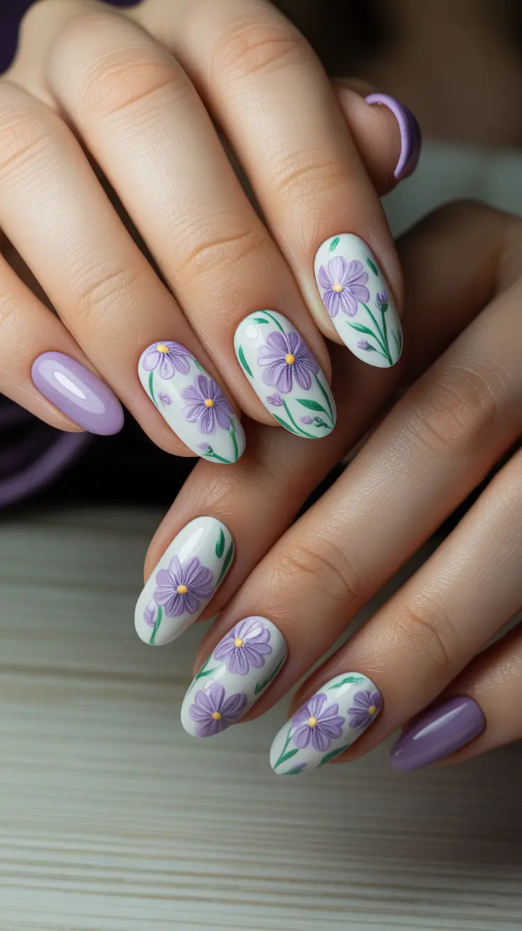 classy spring nails 2026 Soft Lavender Floral Almond Nails For Spring Romance