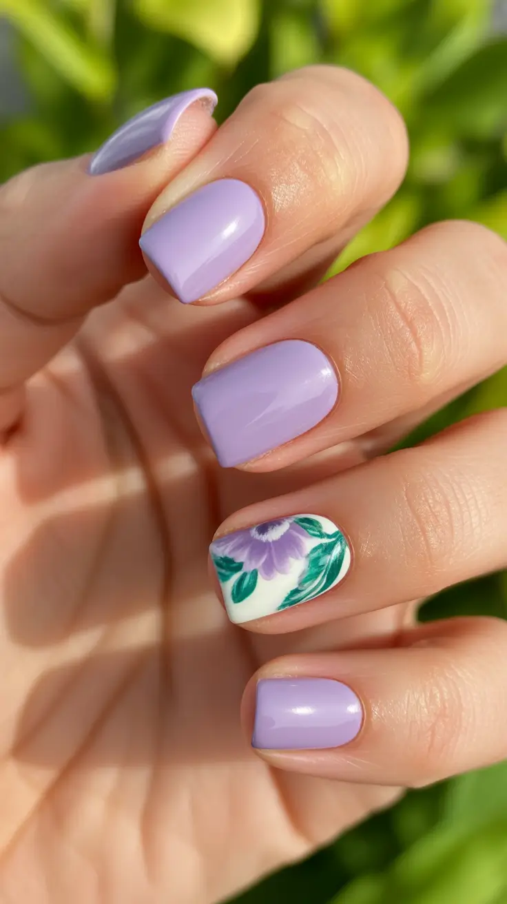 classy spring nails 2026 Soft Lavender Florals On Short Square Nails
