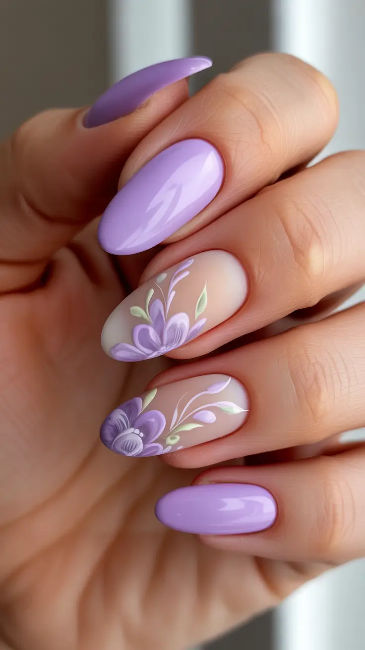 classy spring nails 2026 Romantic Almond Lavender With Hand-Painted Florals