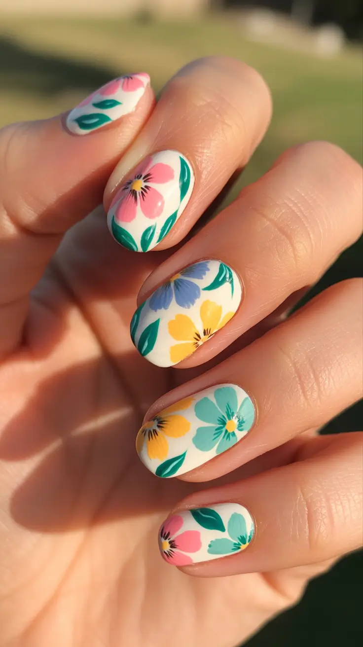 unique colorful spring nails 2026 Delicate Floral Garden On Soft Almond Nails