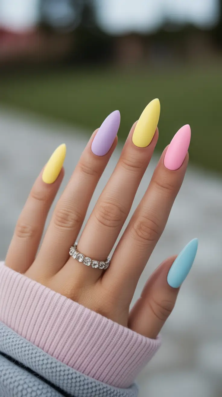 colorful spring nails 2026 Matte Pastel Almond Nails For Soft Spring Elegance