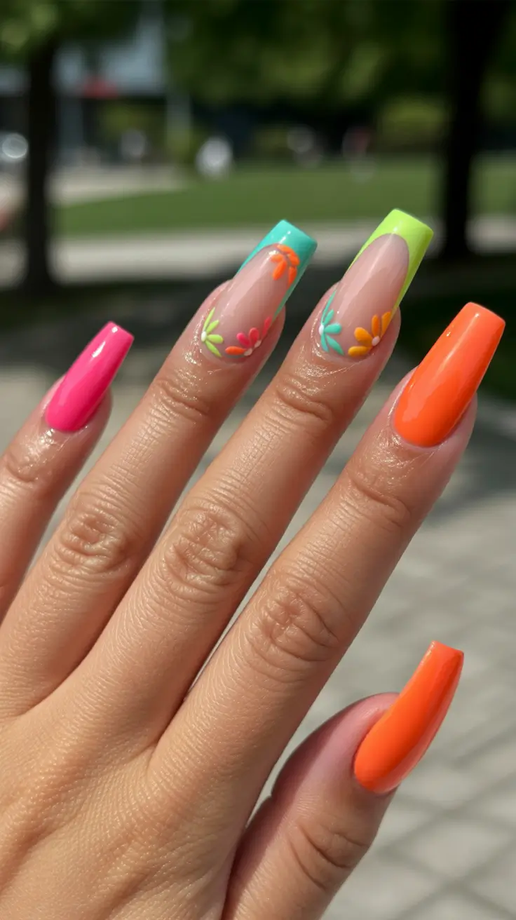 colorful spring nails 2026 Neon Floral Acrylic Nails That Celebrate Spring