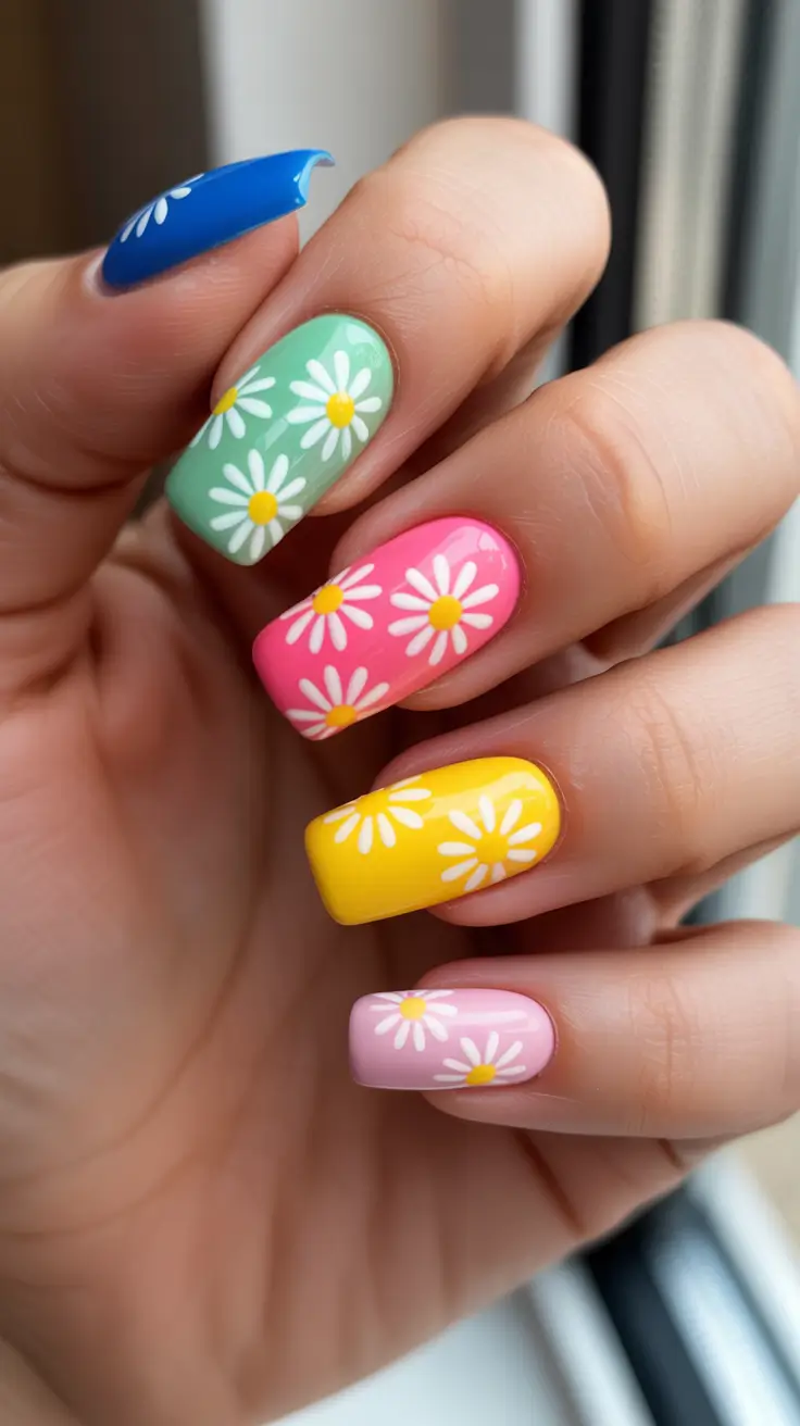 unique colorful spring nails 2026 Playful Daisy Pop Art Square Nails