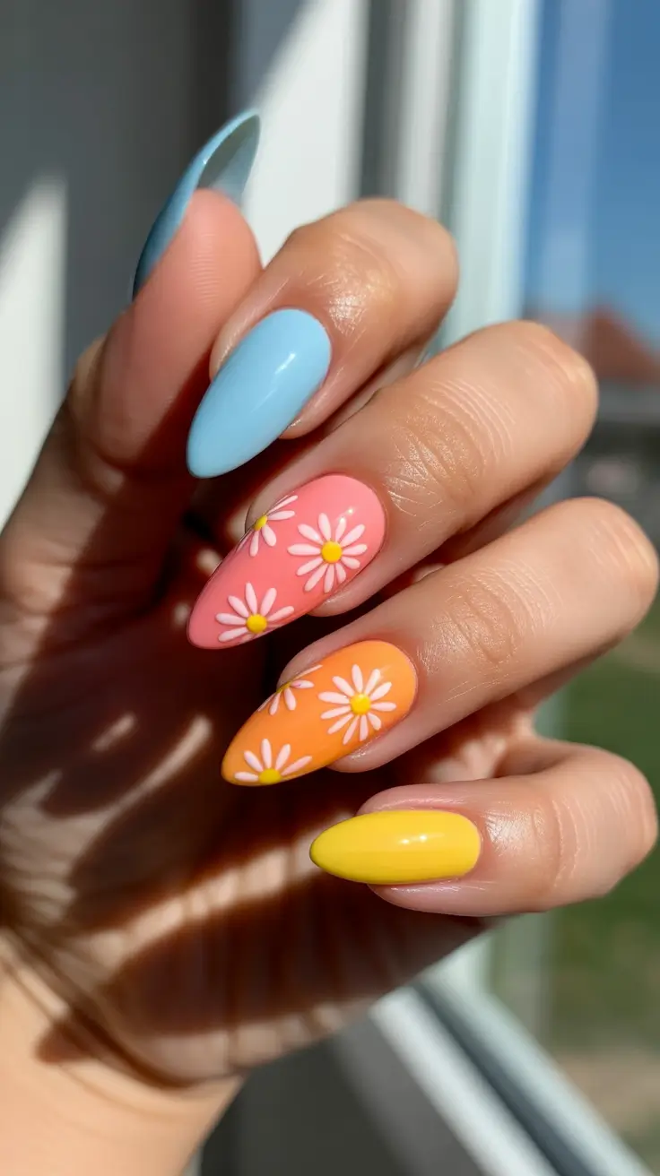 colorful spring nails 2026 Cheerful Daisy Spring Nails In Bright Pastels