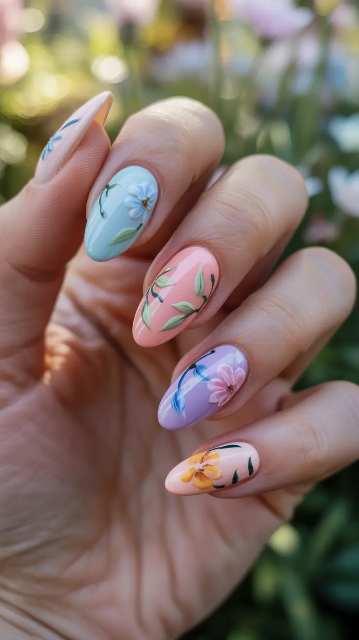 colorful spring nails 2026 Hand Painted Botanical Garden Nails