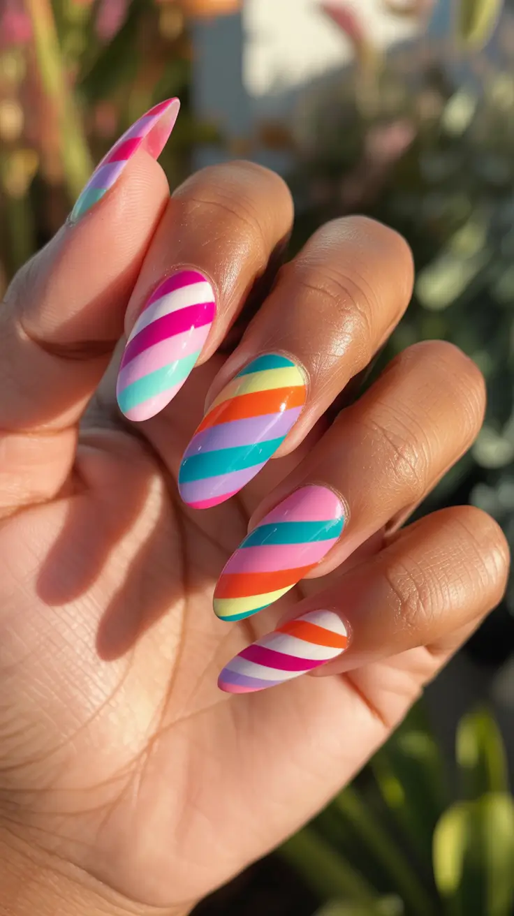 colorful spring nails 2026 Rainbow Diagonal Stripe Nails For Maximum Color Fun