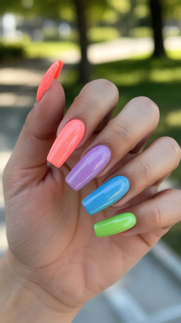 unique colorful spring nails 2026 Bold Neon Coffin Acrylic Spring Nails