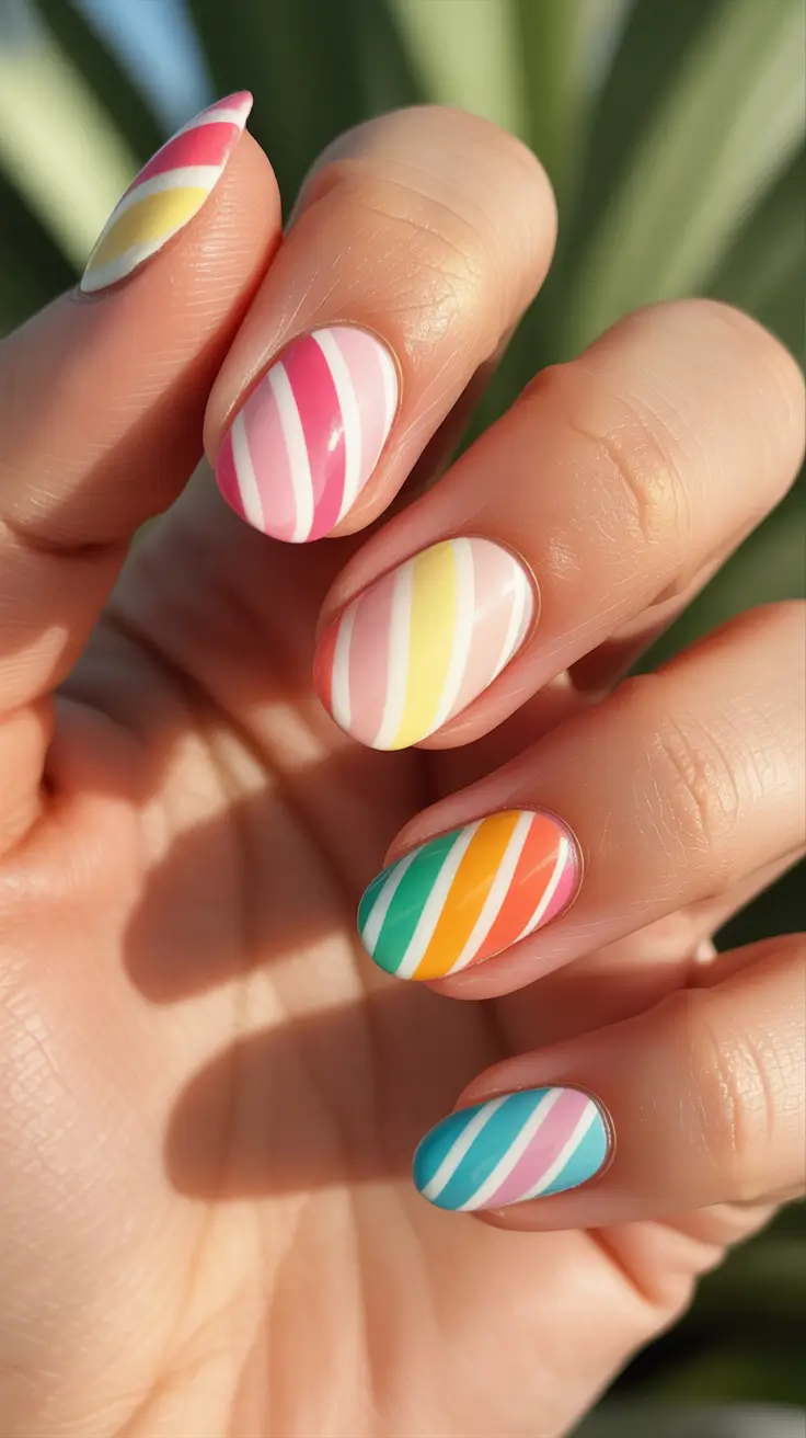 colorful spring nails 2026 Bright Candy Stripe Nails That Feel Like Sunshine