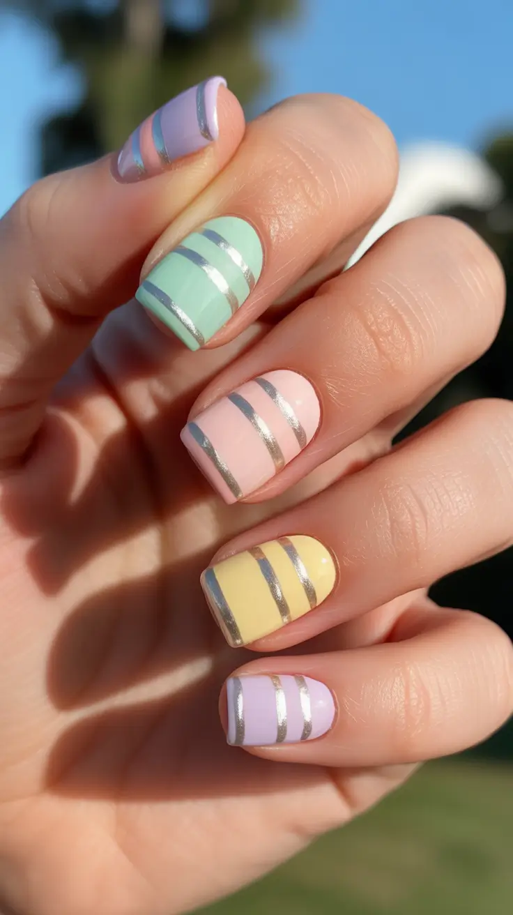 colorful spring nails 2026 Minimal Pastel Stripe Nails With A Metallic Twist