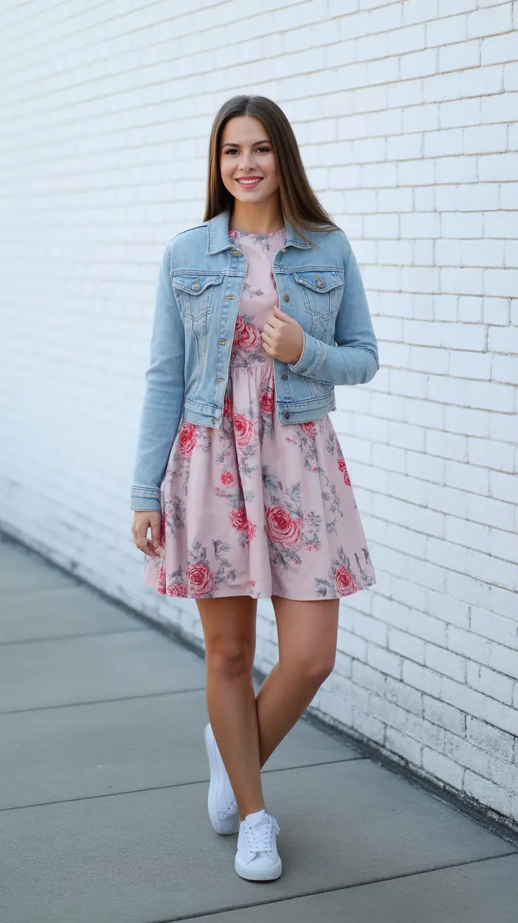 cute summer outfits for teens 2026 Light Floral Dress With Denim Jacket Balance