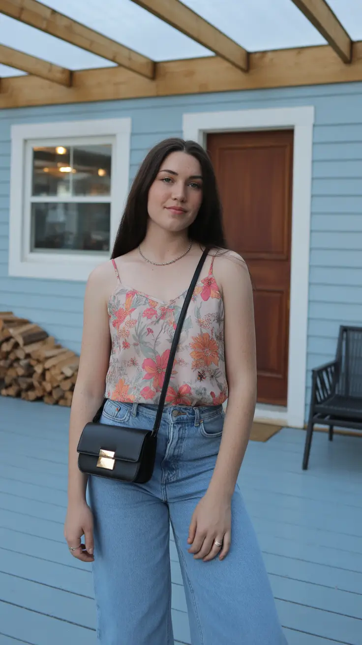 cute summer outfits for teens 2026 Floral Cami And Wide-Leg Jeans Soft Girl Look