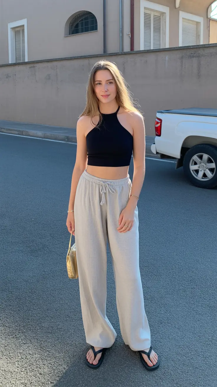 cute Y2K summer outfits 2026 Black Halter Top And Wide Leg Pants Minimal Heat Style